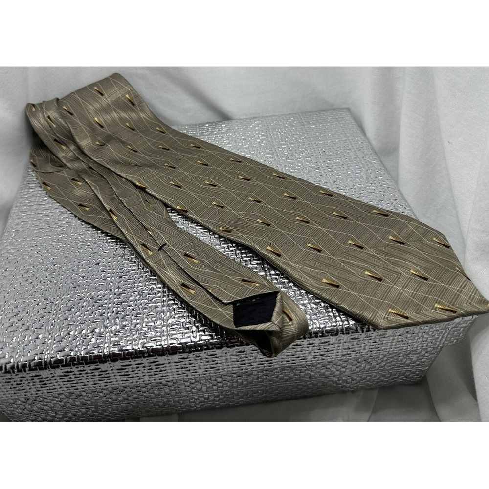 NEO Bill Blass RED LABEL Geometric Grid Silk Necktie Vintage Tie Beige
